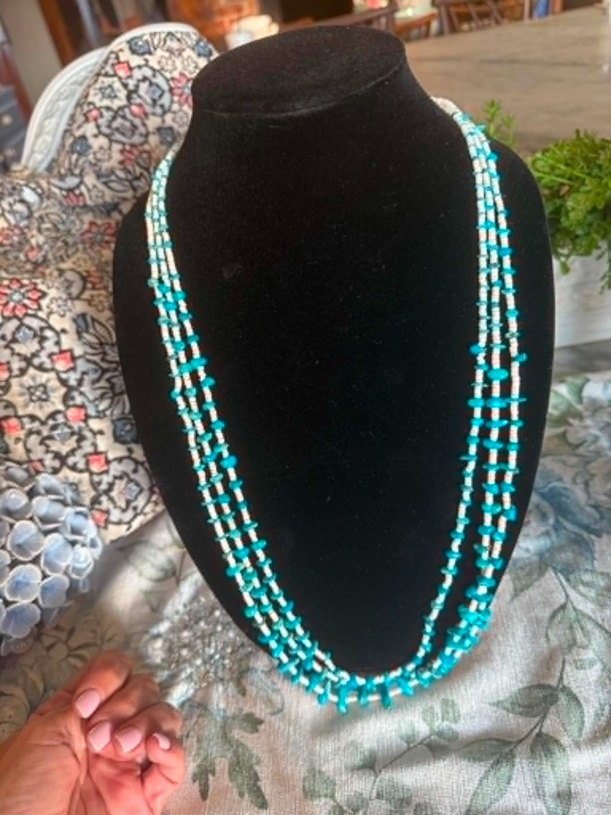 3 strand white and turq. beaded neck