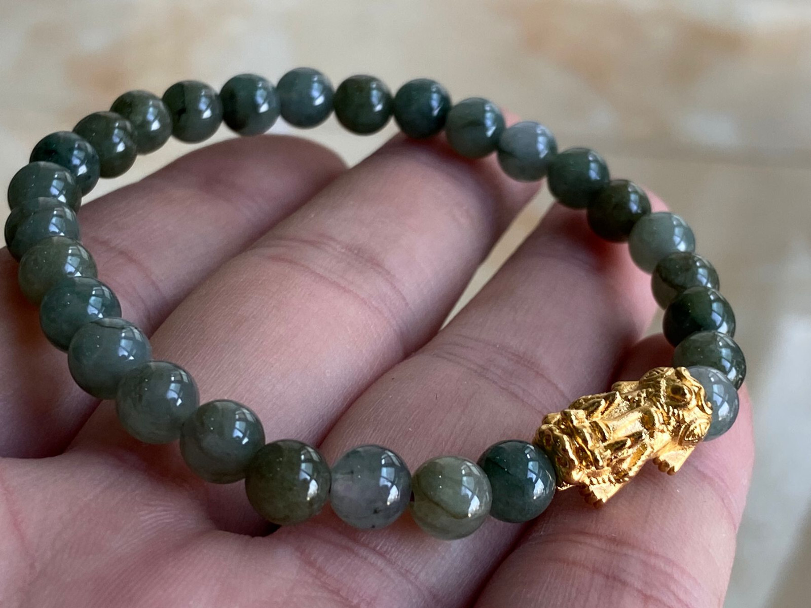 7mm Natural Myanmar Jadeite Green Jade 24k999 Pixiu Bracelet