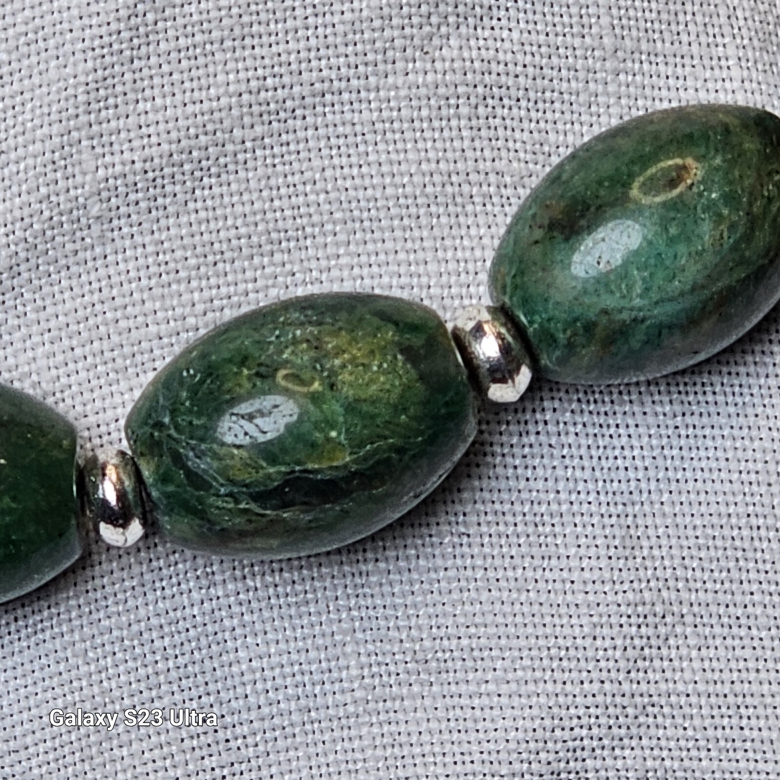 LC Marked green Stone Necklace with Silver Tone Spacers 20″ long