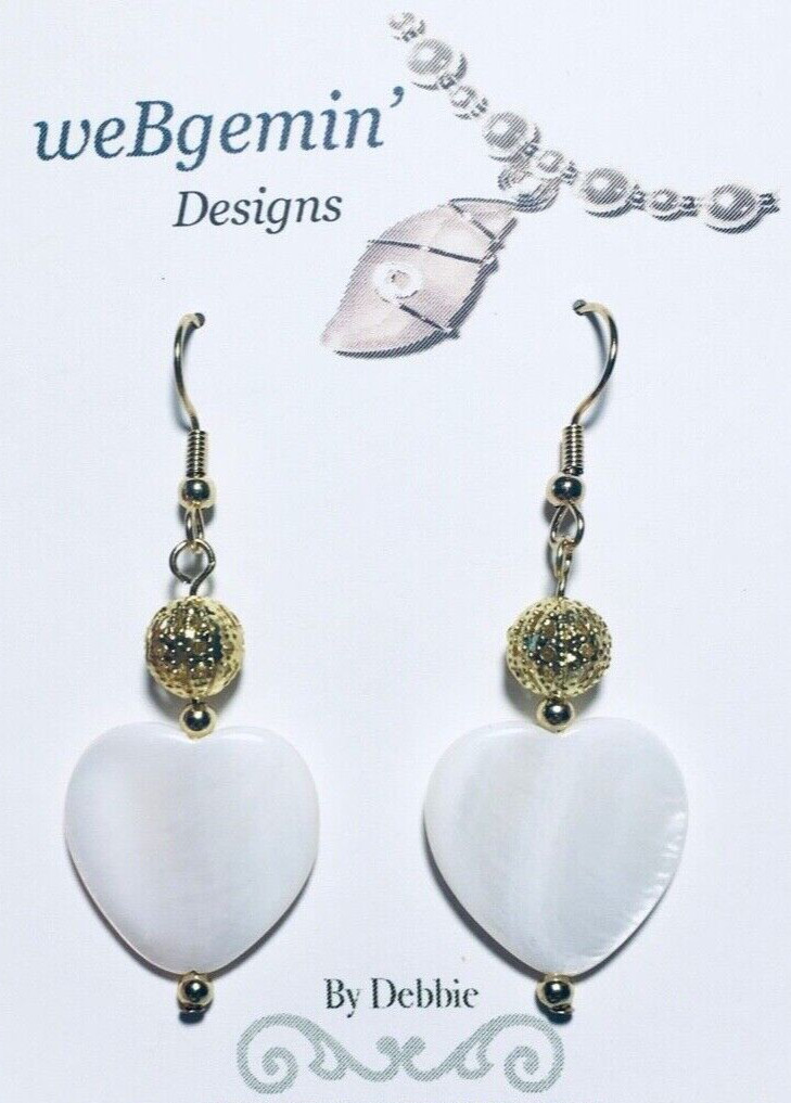Heart Of Gold! Handcrafted Heart Shaped White Shell Earrings With Gold Findings