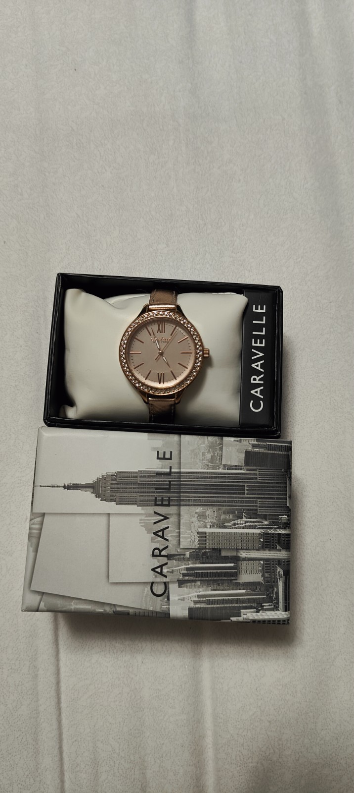 Caravelle New York 44L132 Women’s Analog 37mm Round Rose Gold Tone Crystal Watch