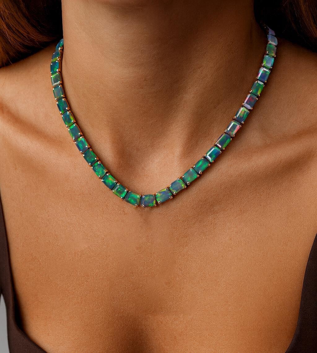 Black Opal Octagon Gemstone Tennis Necklace, Natural Opal 925 Silver Necklace