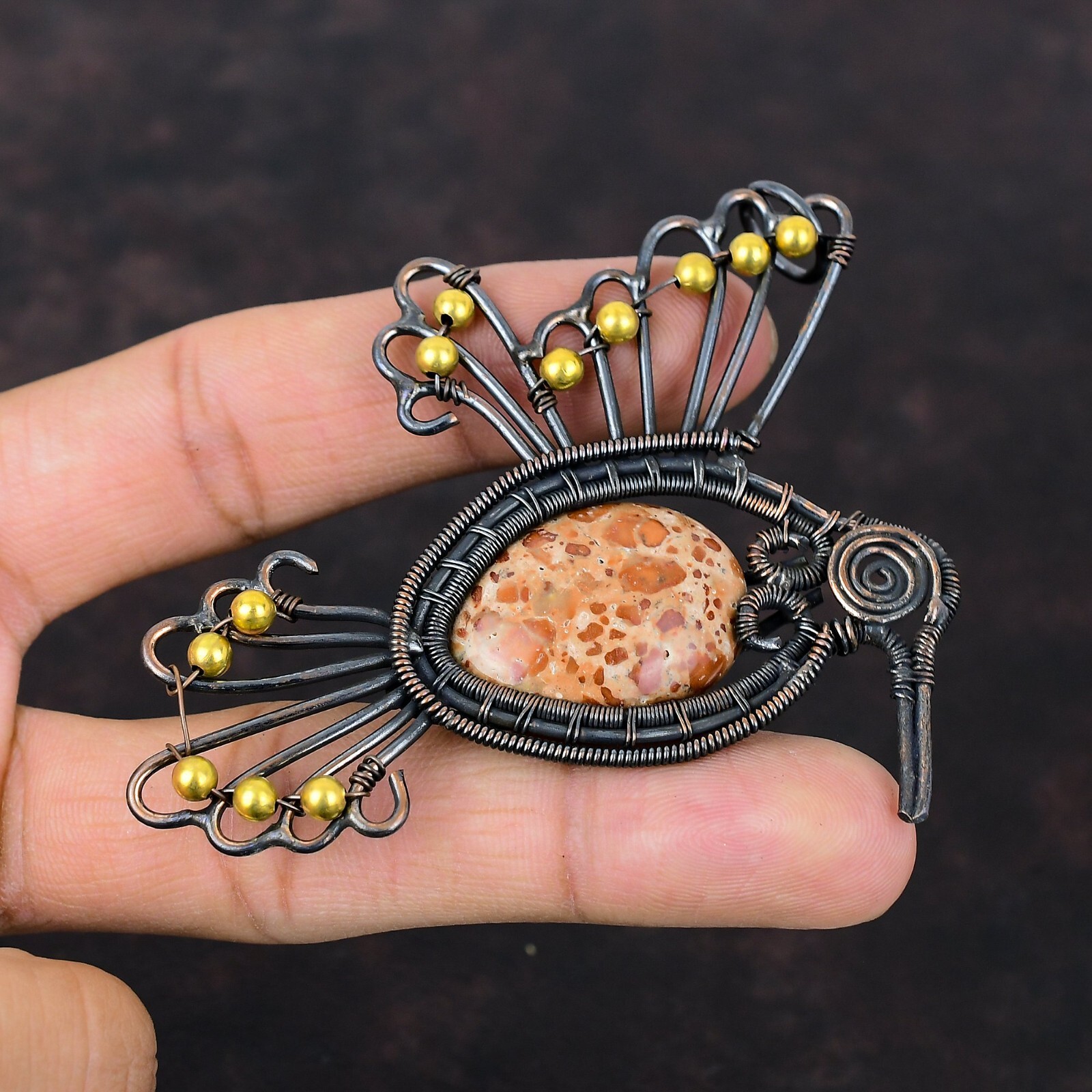 Gift For Women Jewelry Wire Wrapped Bird Pendant Copper Asteroid Jasper 3.82″
