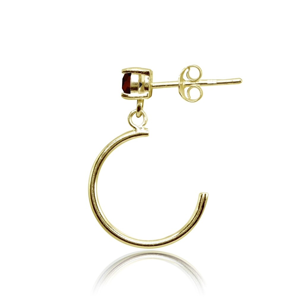 Yellow Gold Flashed Sterling Silver 4mm Garnet Dangling Half Hoop Stud Earrings