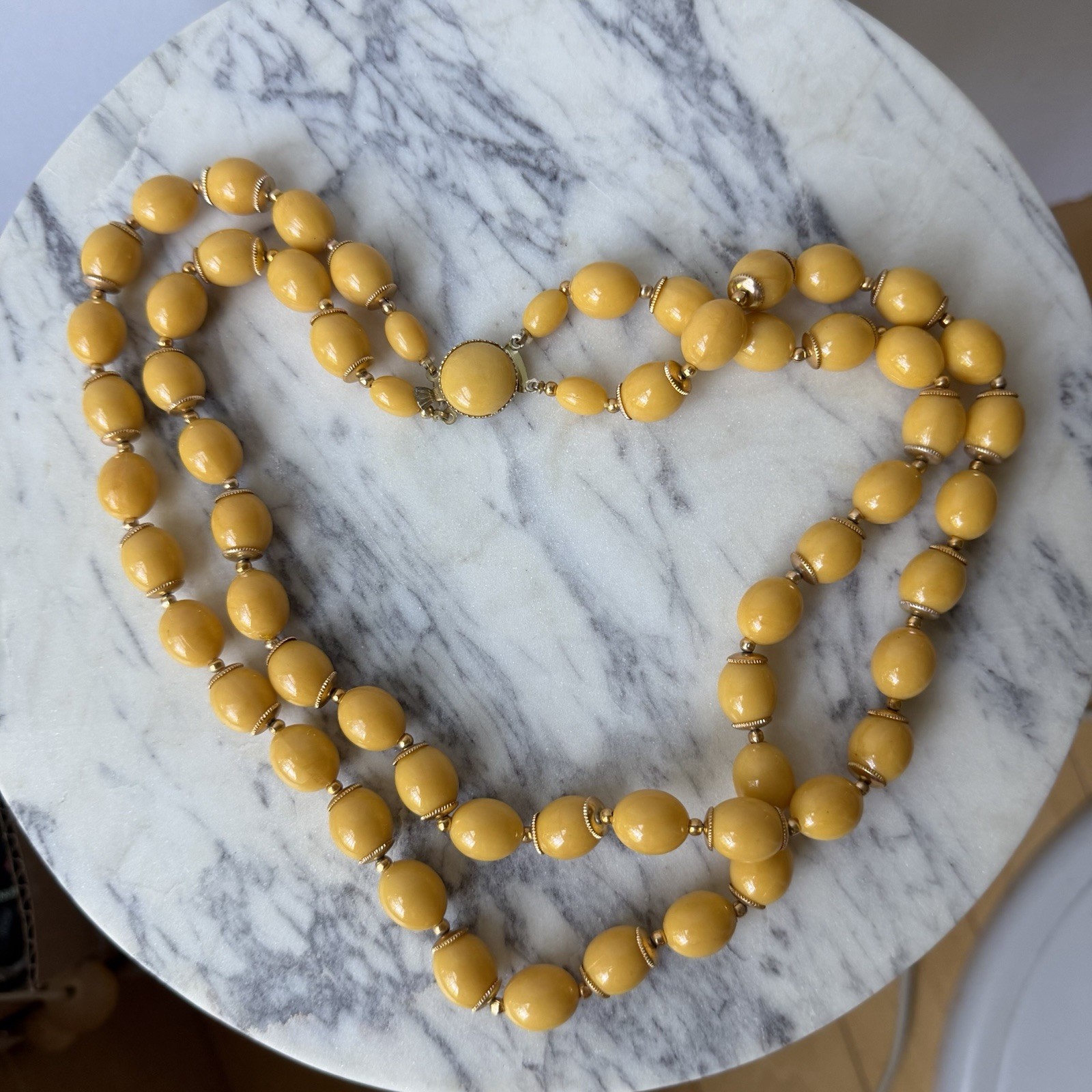 Vintage Hong Kong Double Strand Mustard Yellow Lucite Bead Necklace 18” MCM