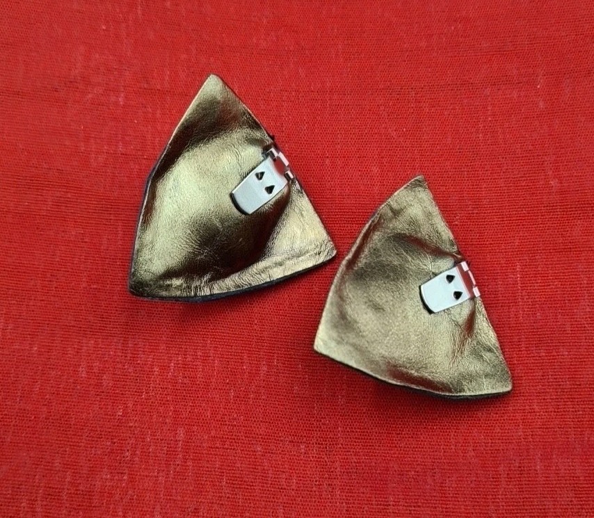 Vintage BLUETTE Black Gold Studded Fabric Faux Leather Large Clip-On Earrings