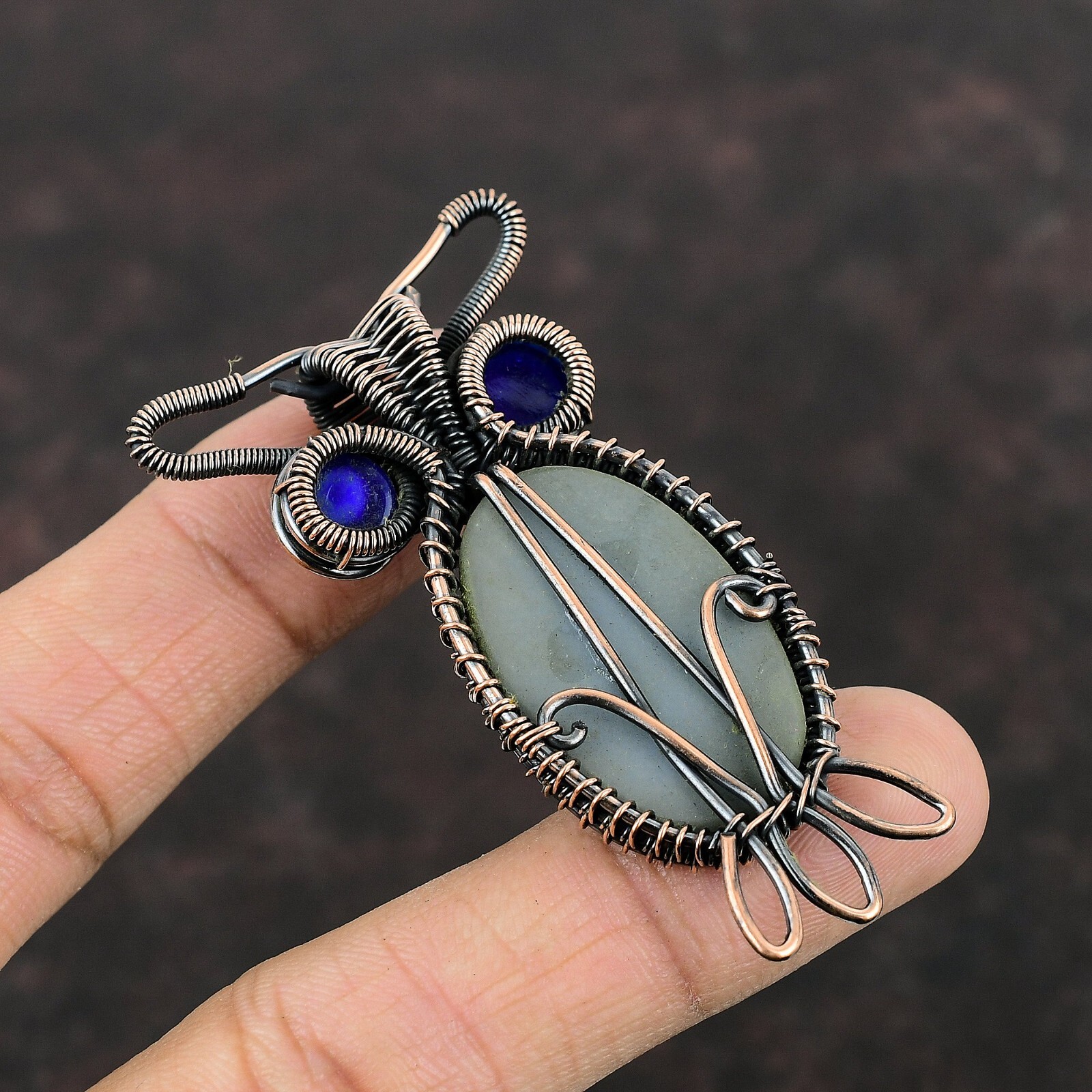 Gift For Her Unknown Copper Natural Angelite Pendant Owl And Wire Wrapped