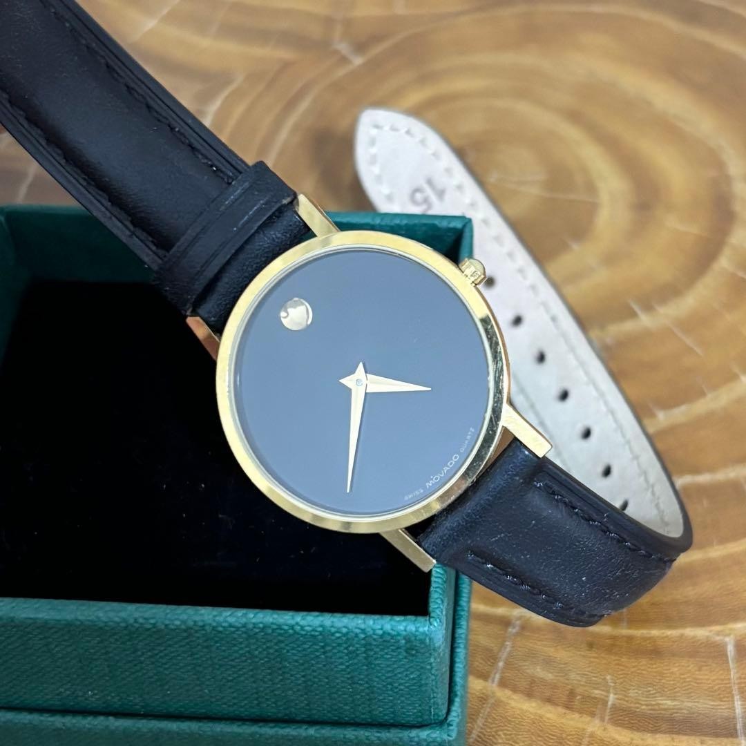 Movado Museum Ultra Slim Black & Gold Minimalist Watch Used
