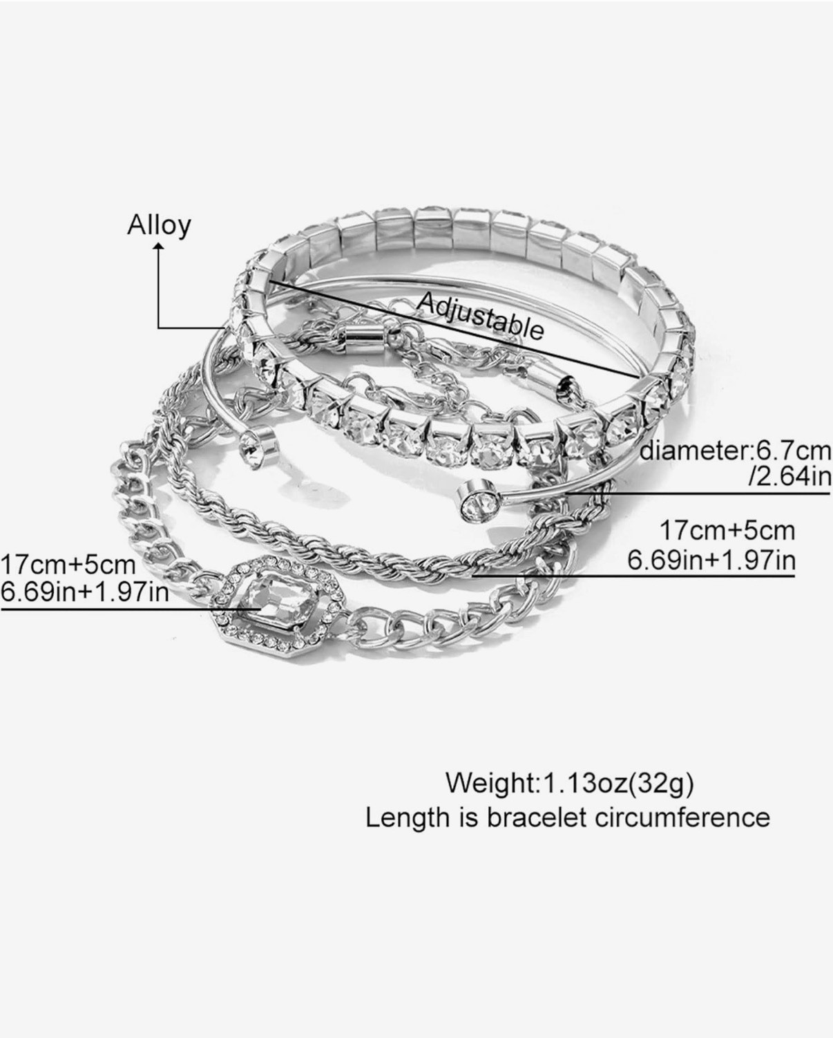 4PCS Dainty Silver Bracelets Set Women 14K Silver Plated CZ Paperclip Link Chain