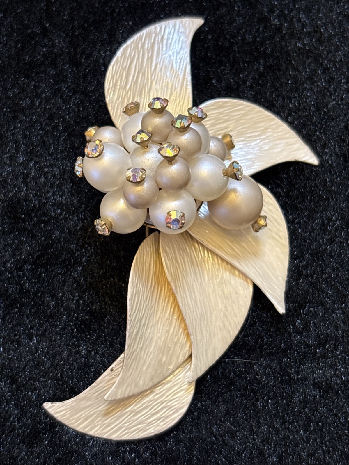 Stylized Flower Brooch Textured Petals Graduated Faux Pearl Rhinestone Cluster