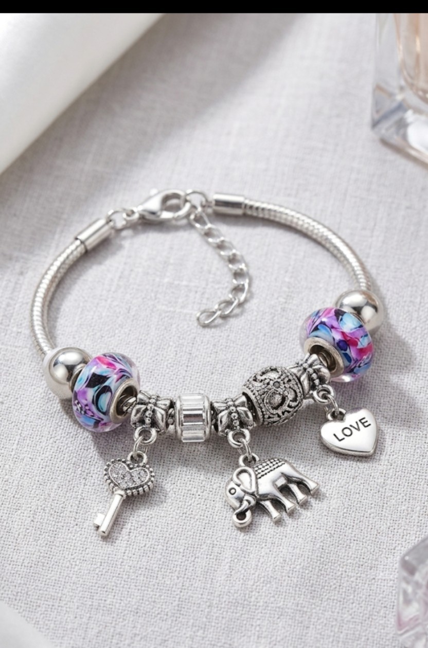 Silver Multicolor Glass Beaded Charm Bracelet Adjustable Heart Elephant Key