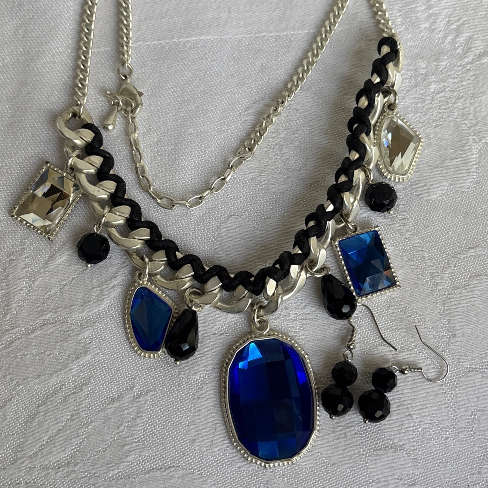 Park Lane Fascinated Necklace Satin Brushed Silver Tone Blue Black & Bns Earring