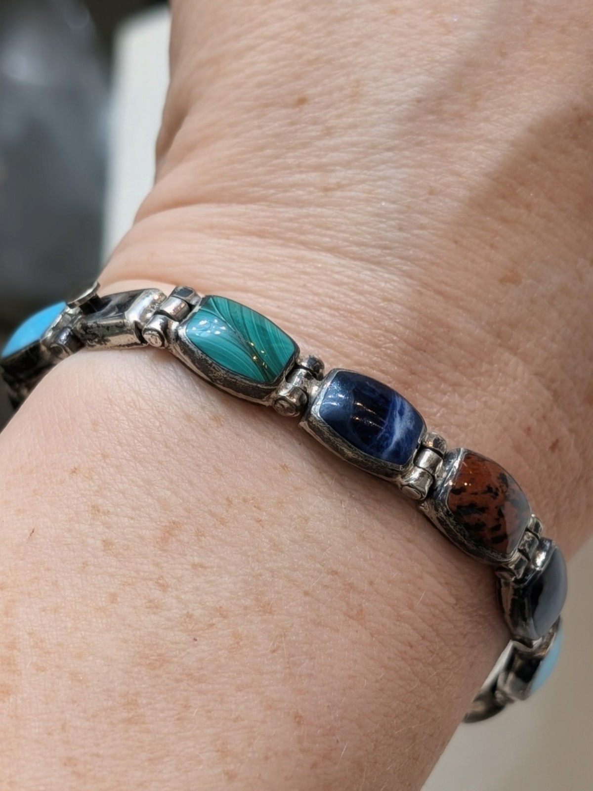 Vintage Taxco Mexico 950 Silver Multi Stone Inlay Link Bracelet 7.5″ 27.6g TJ-88