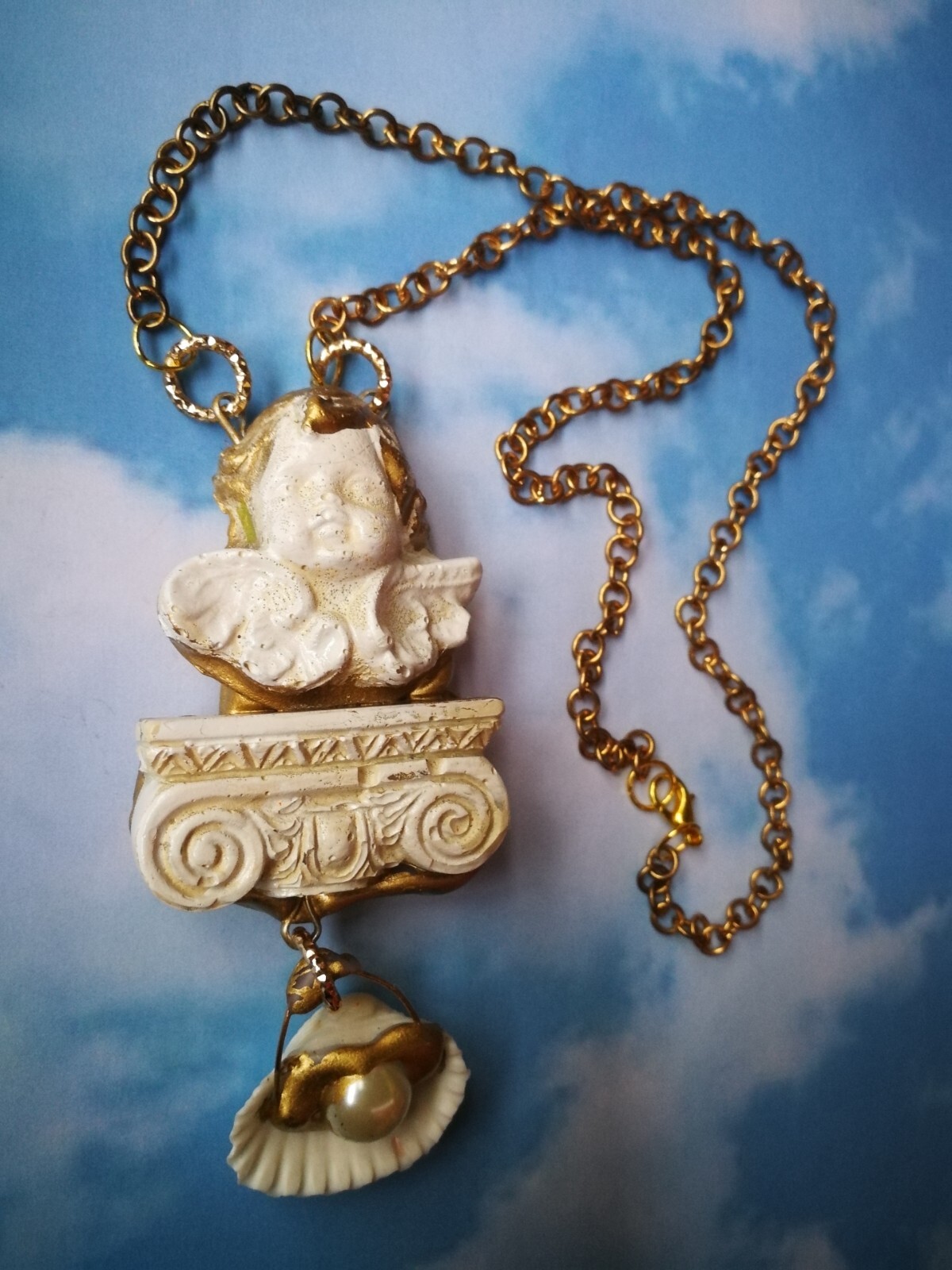 Winged Angel Cherub Talisman Baroque Pendant Amulet Shell Charm Jewelry Necklace