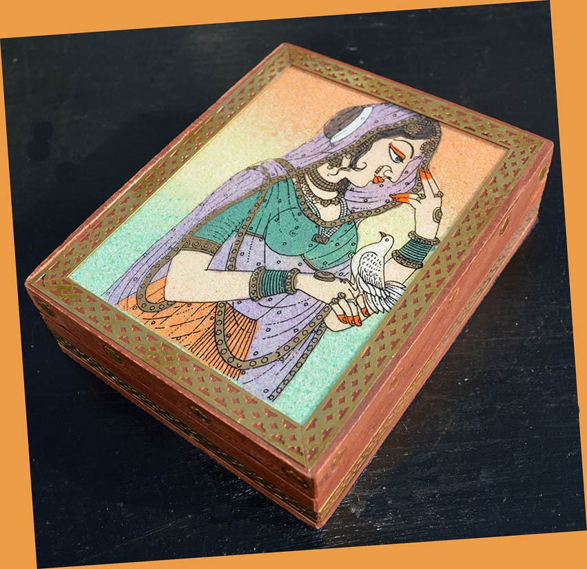 Wooden jewelry box with glass gem stone painting and brass border from India!