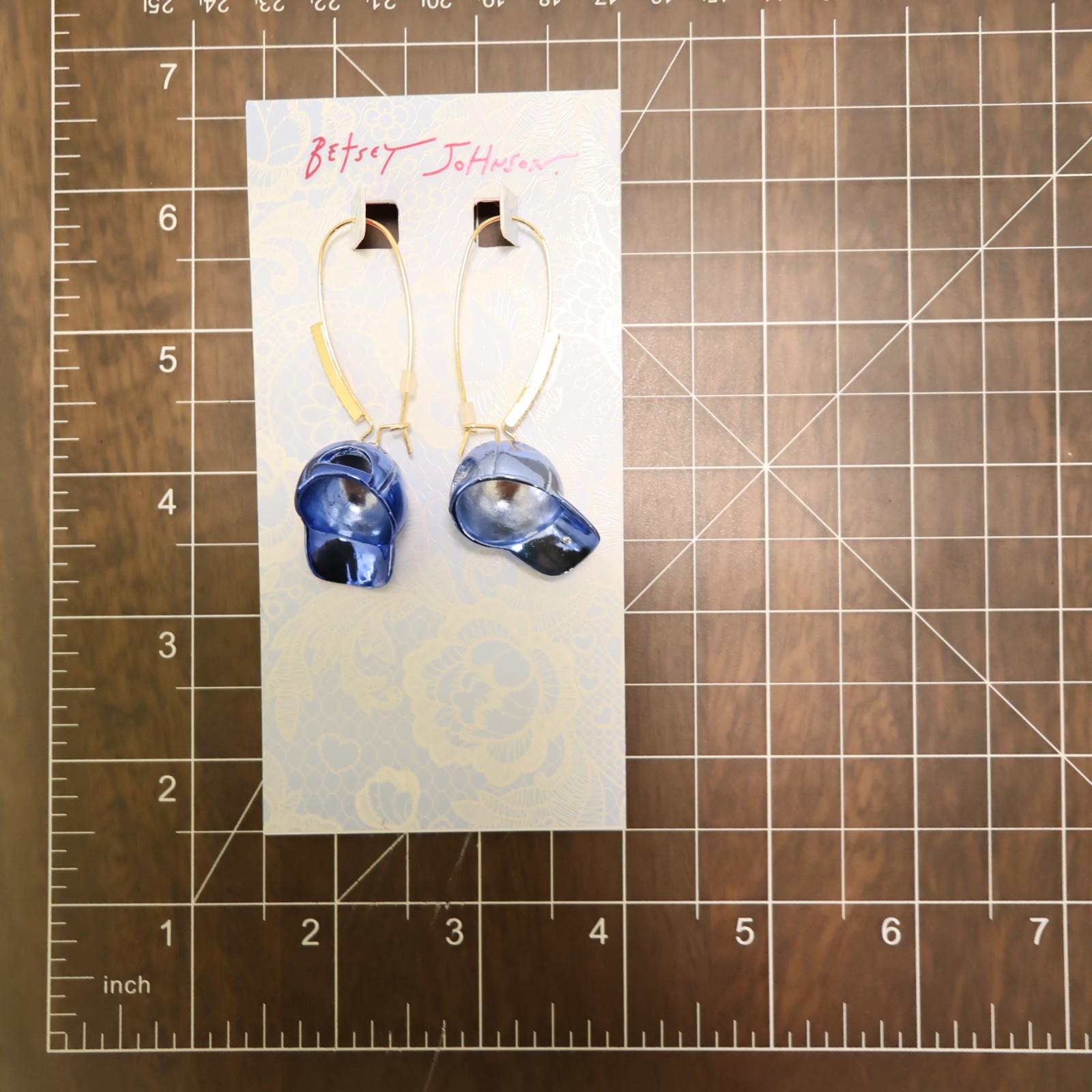 Betsey Johnson earrings baseball caps USA red white blue goldtone hooks NWT