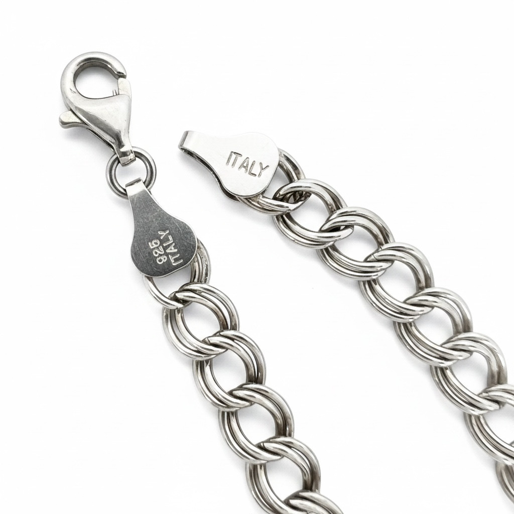 925 Sterling Silver Double Link Curb Chain Charm Bracelet 8″ 6mm Italy 7.68g