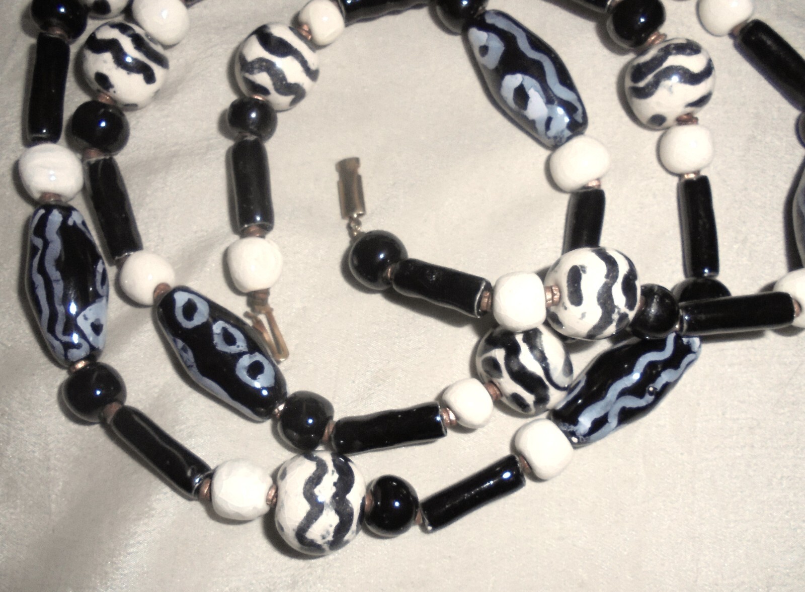 Vintage Black and Cream Glazed Enamel Ceramic Bead Necklace