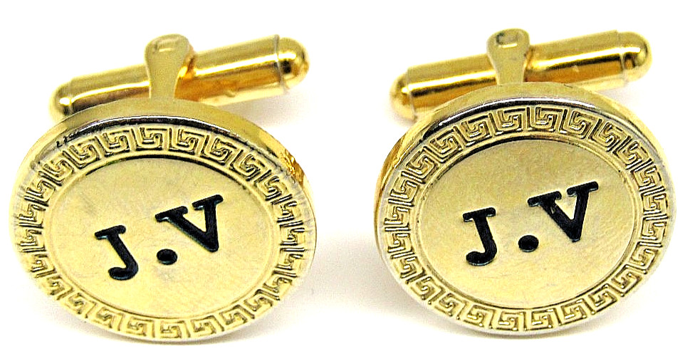 Gold J V Joint Venture Cufflinks Greek Key Design Mens Business Formal Wear