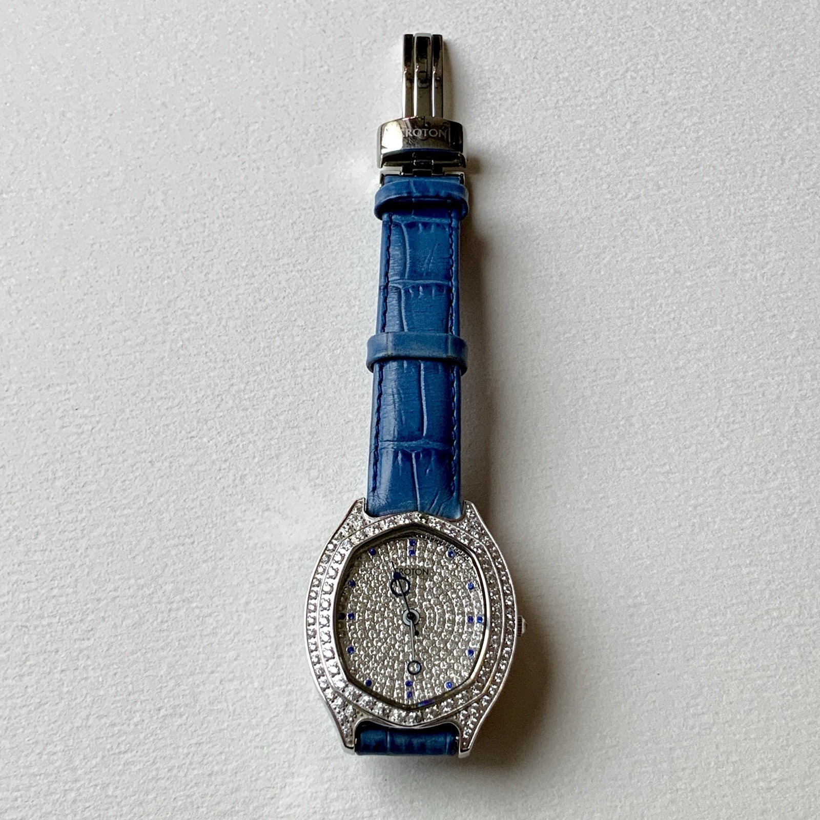 Croton Oval Watch Pavé Crystal CZ Case & Dial Blue Leather Strap Swiss Quartz