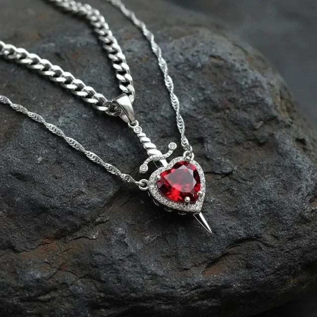 2Ct Heart Lab Created Ruby Valentine Only Dagger Pendant 14K White Gold Plated