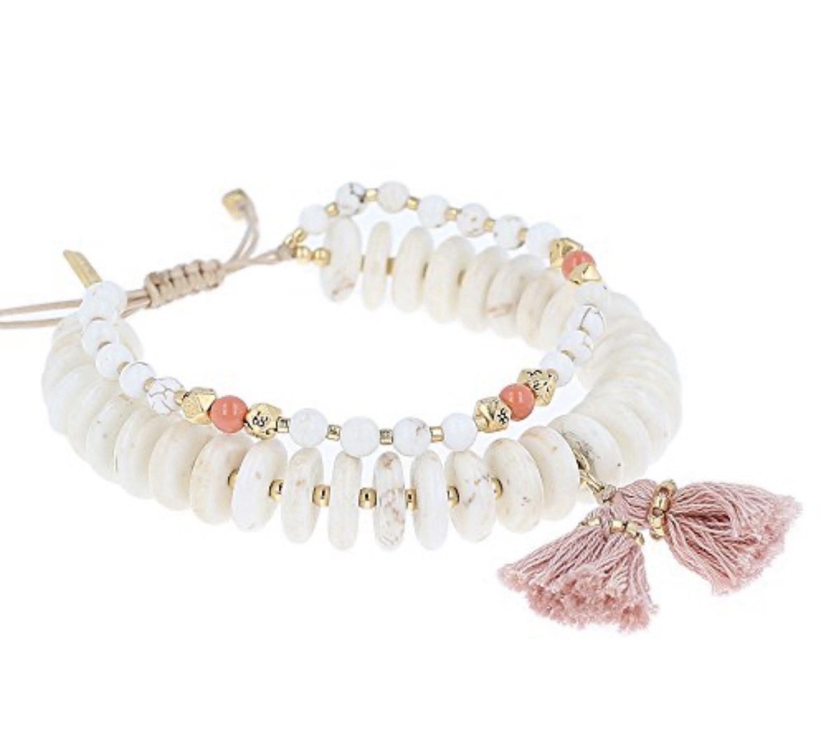 Chan Luu White Magnesite Mix Two Strand Tassel Pull Tie Bracelet Boho Coastal