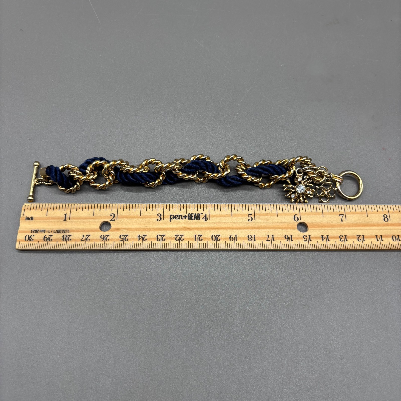 Ann Taylor Chain Link Twist Cord Bracelet Gold Tone Navy Blue Nautical Charm