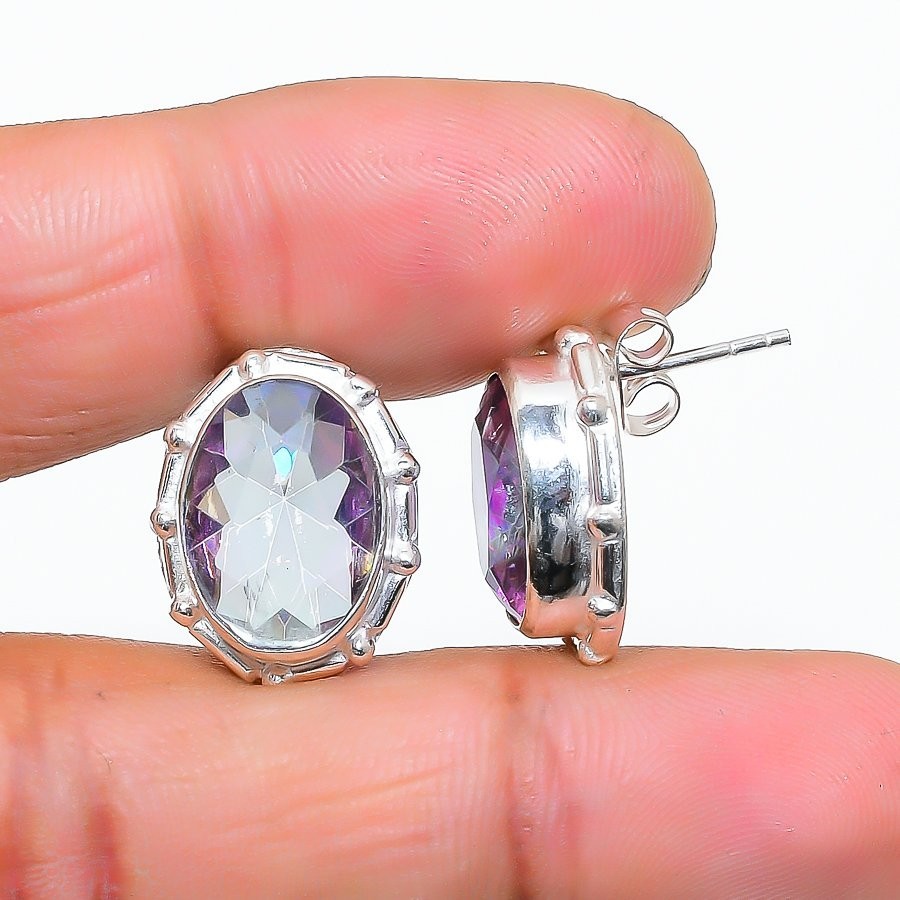 Mystic Topaz Gemstone 925 Sterling Silver Jewelry Stud Earring Size 0.75″