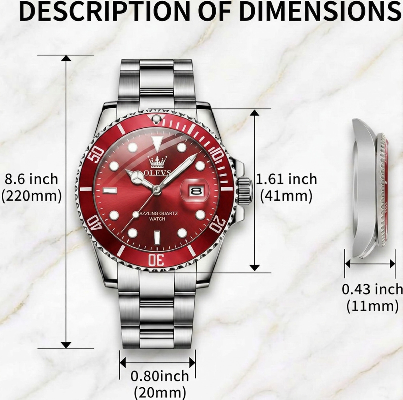 Men’s Waterproof Diver Quartz Silver Bracelet Watch Dark Red Dial Bezel Olevs