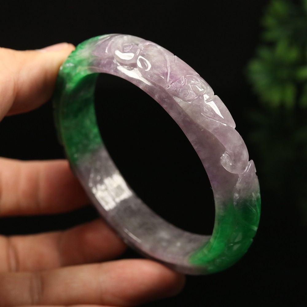 64mm Lavender Purple Green Jadeite Jade Bangle Bracelet Bat Ruyi Fish A-14801