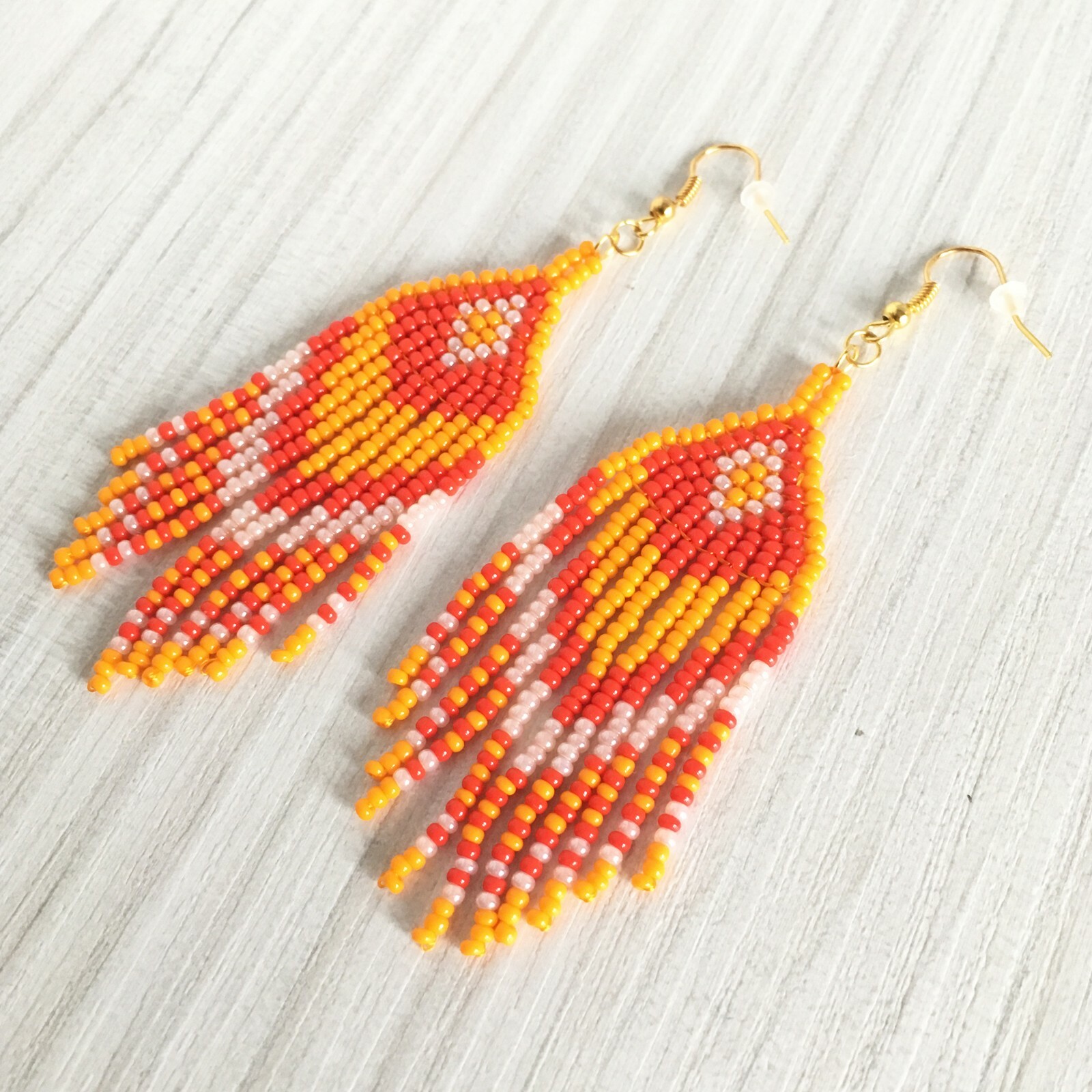 Orange red beaded earrings, Halloween seed bead earrings with fringe