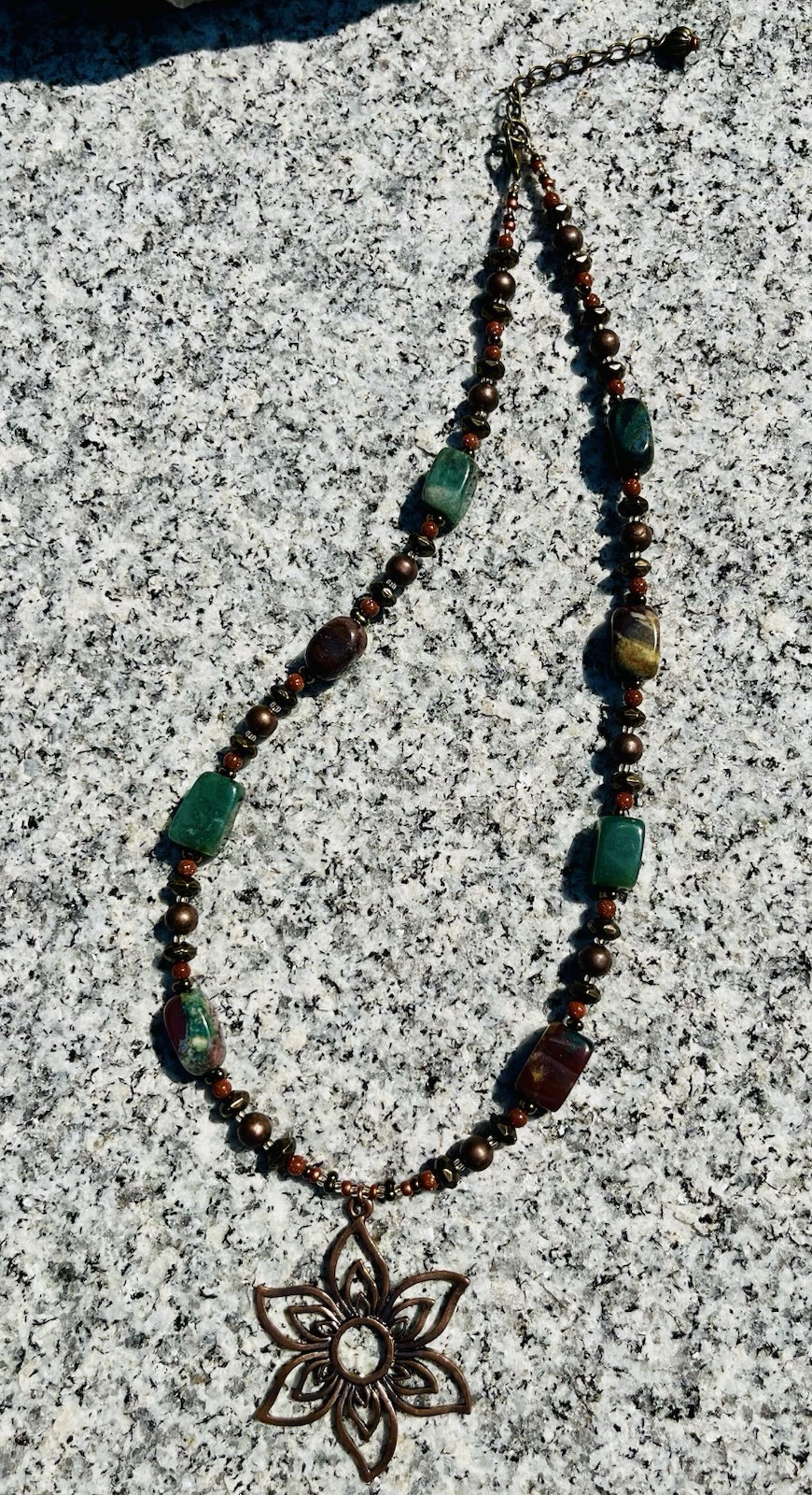 Copper Flower Pendant Necklace with Agate, Copper & Goldstone Beads 20″ Bronze