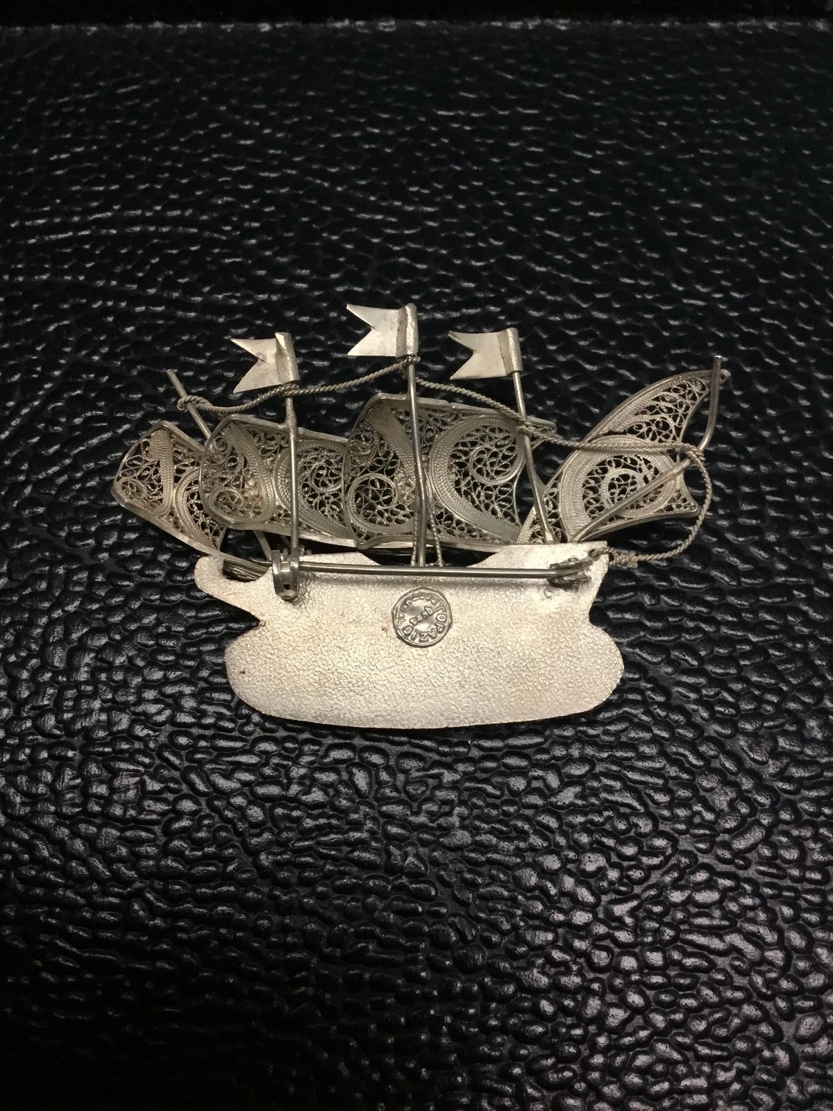 Vintage Topazio Sterling Sailing Ship Brooch Pin w/Enamal Flags,Windows