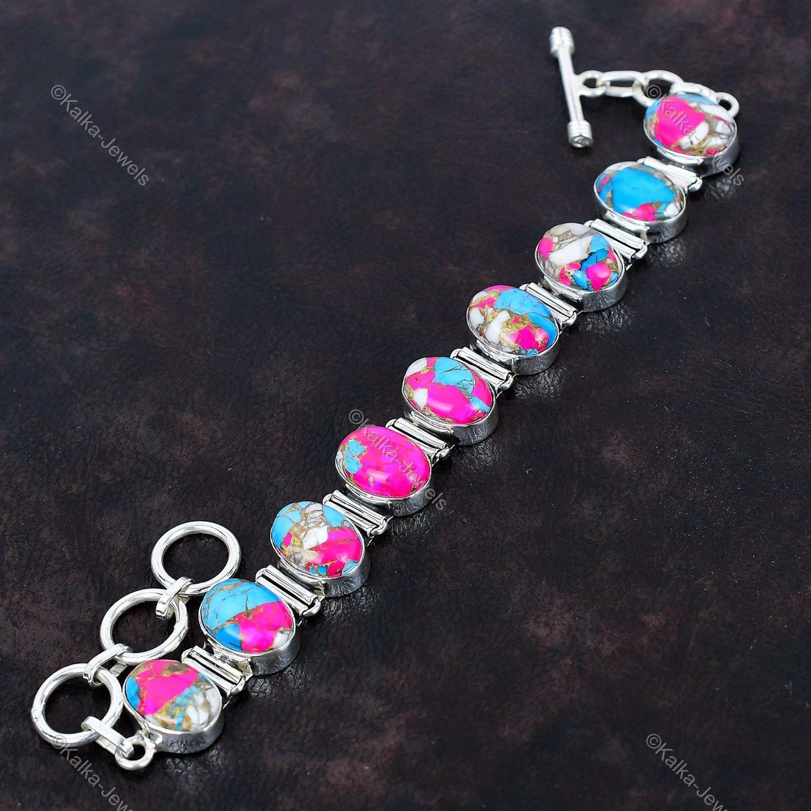 Cotton Candy Turquoise Gemstone Bracelet 925 Sterling Silver Adjustable Bracelet
