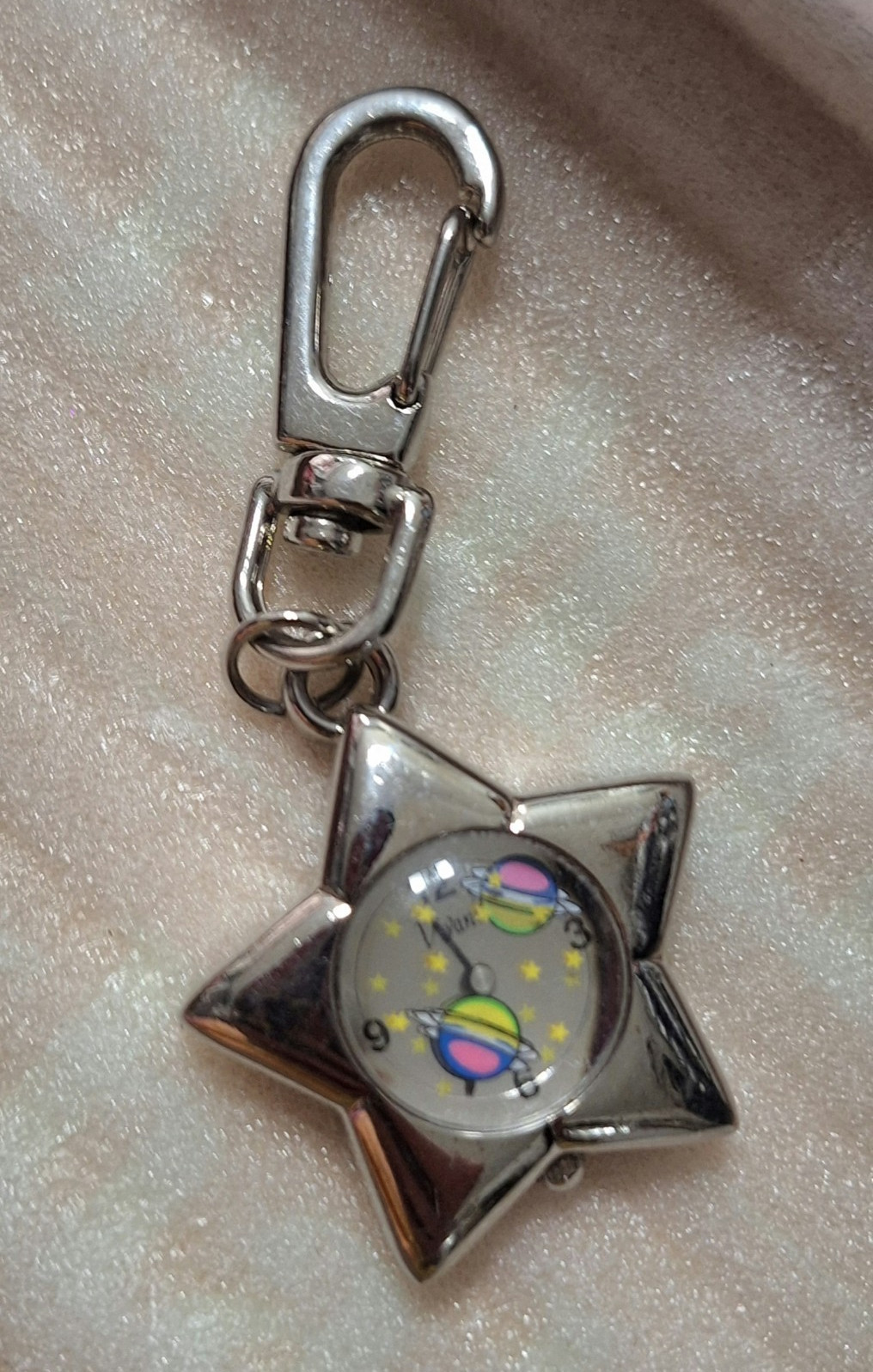 Star Key Ring Watch Carabiner Clip Silver Stainless Steel White Dial 18mm