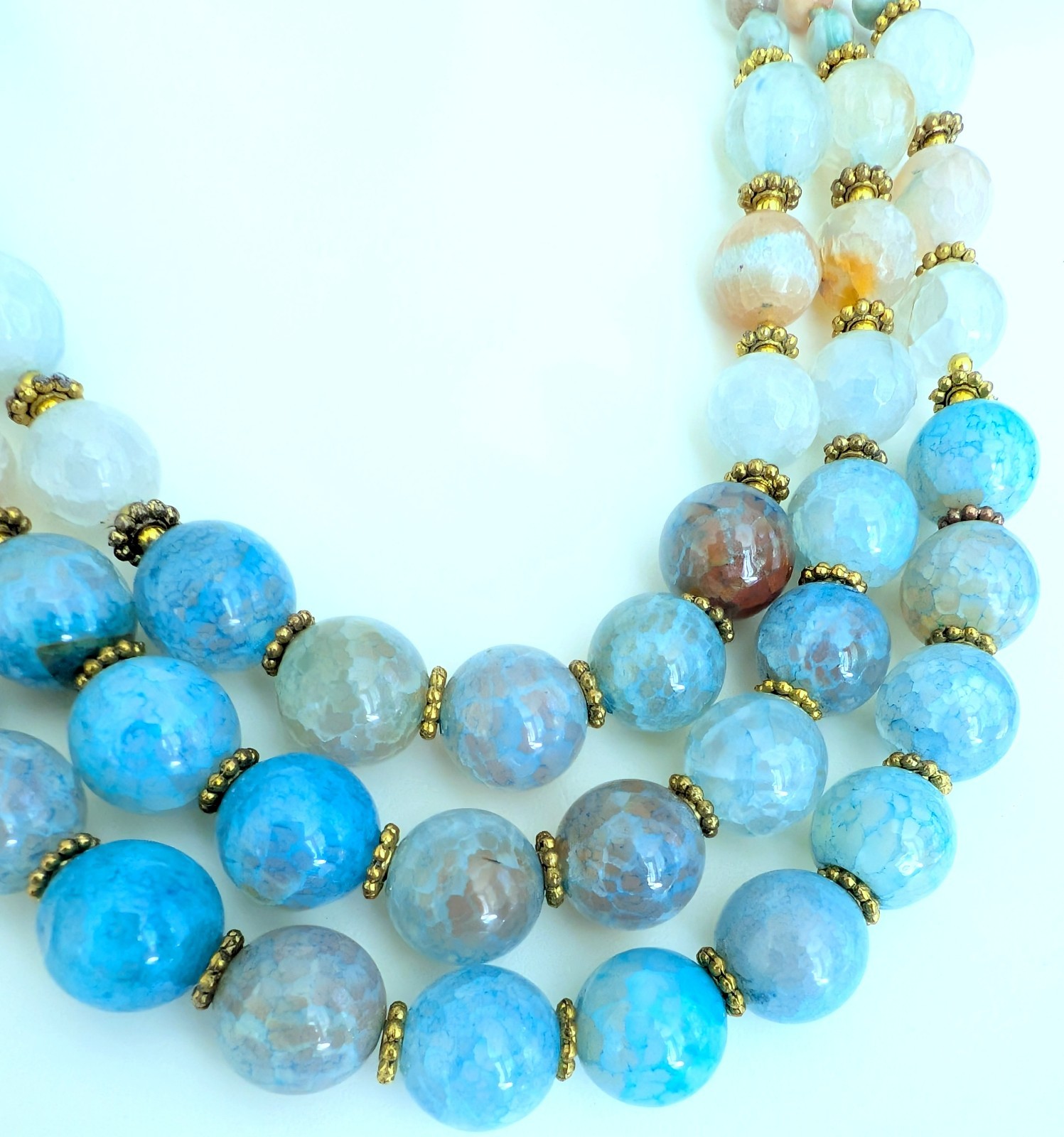 Gorgeous Triple Strand Assorted Blue Agate Brown/Green Pearl Necklace