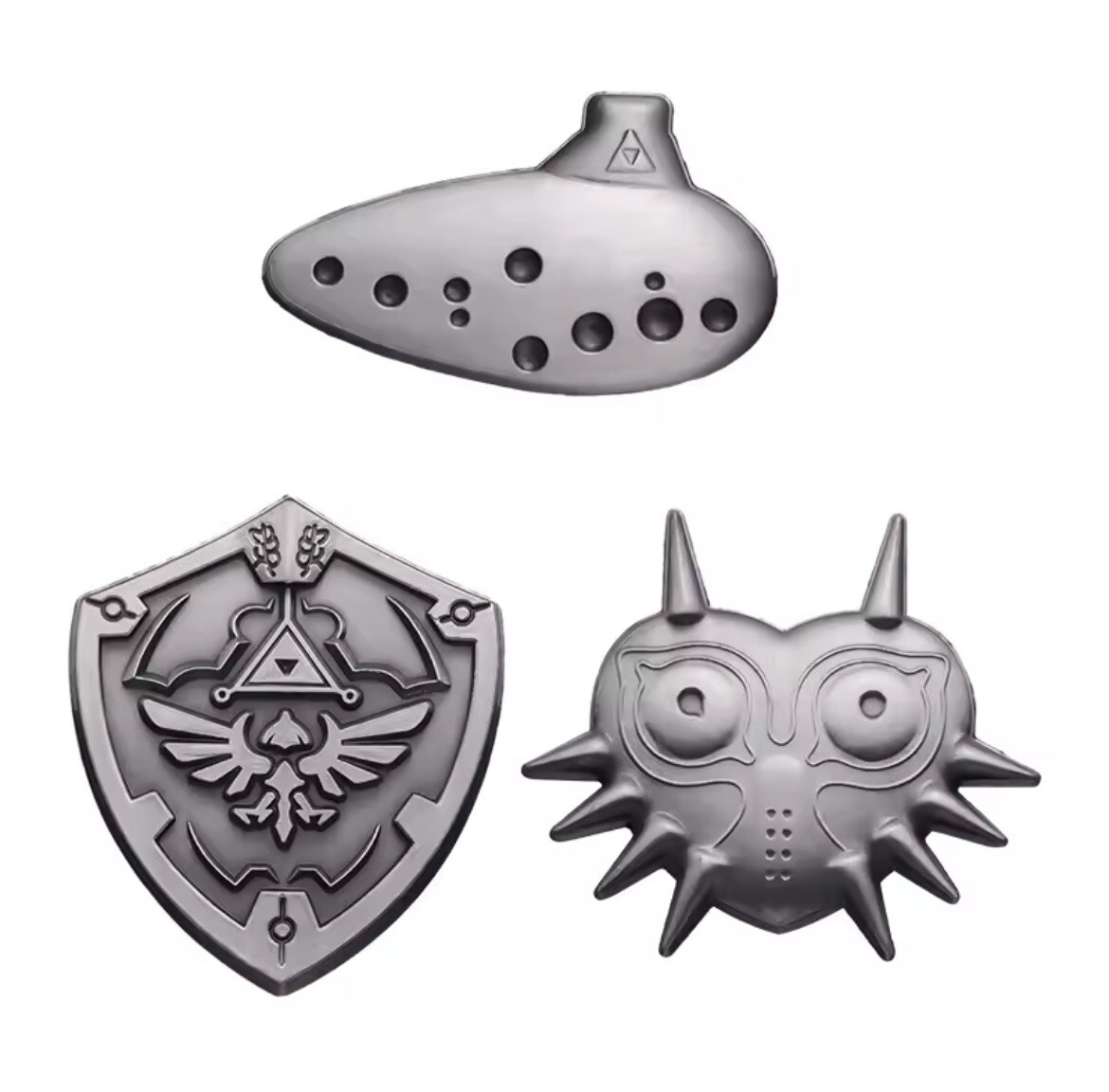 Zelda Pin Set 3pc Metal Hylian Shield Majoras Mask Ocarina Silver Pin Back Fun￼