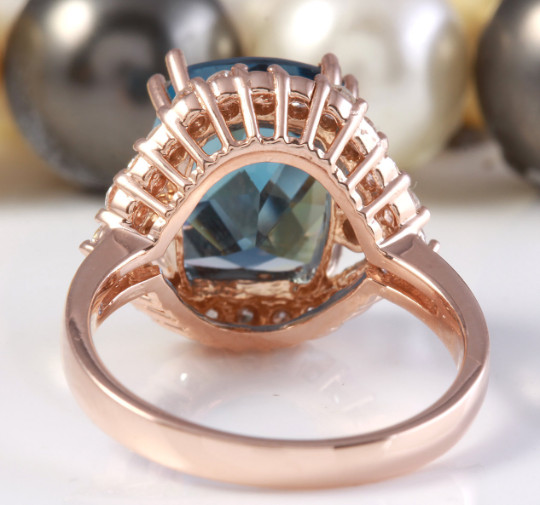 6.80 Carat Natural London Blue Topaz and Diamonds in 14K Solid Rose Gold Ring