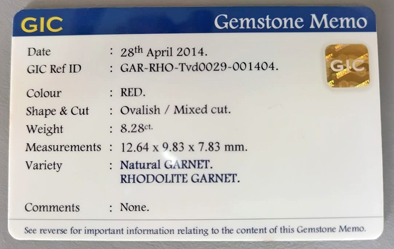 Natural Red Rhodolite Garnet 8.28ct Certified Untreated Eye Clean Oval (00567)