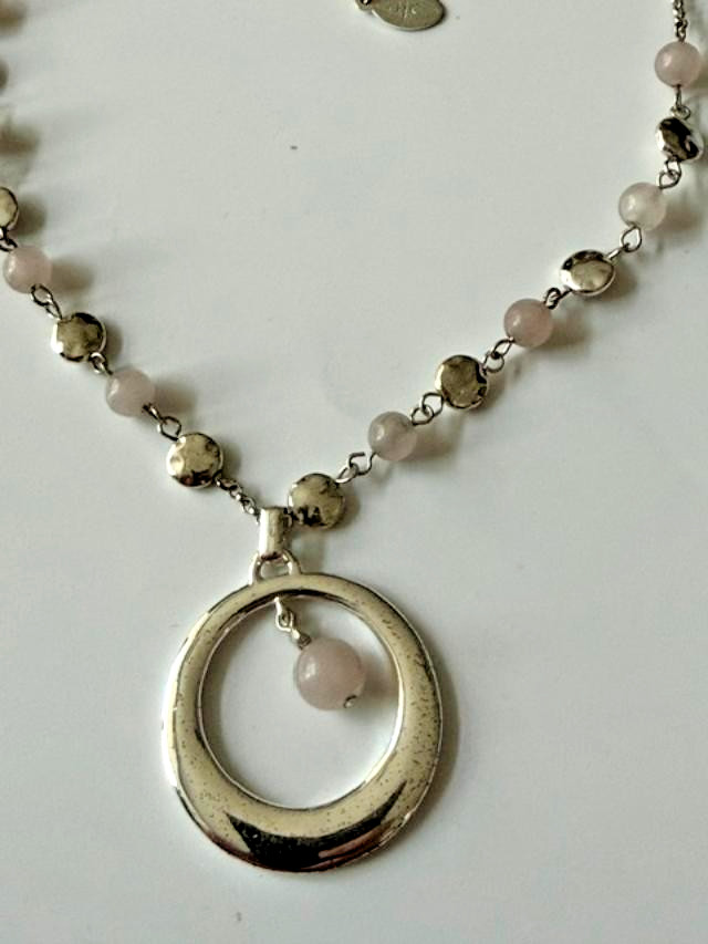 Signed A&C Oslo Silver Tone Pink Bead Circle Pendant Necklace 20”
