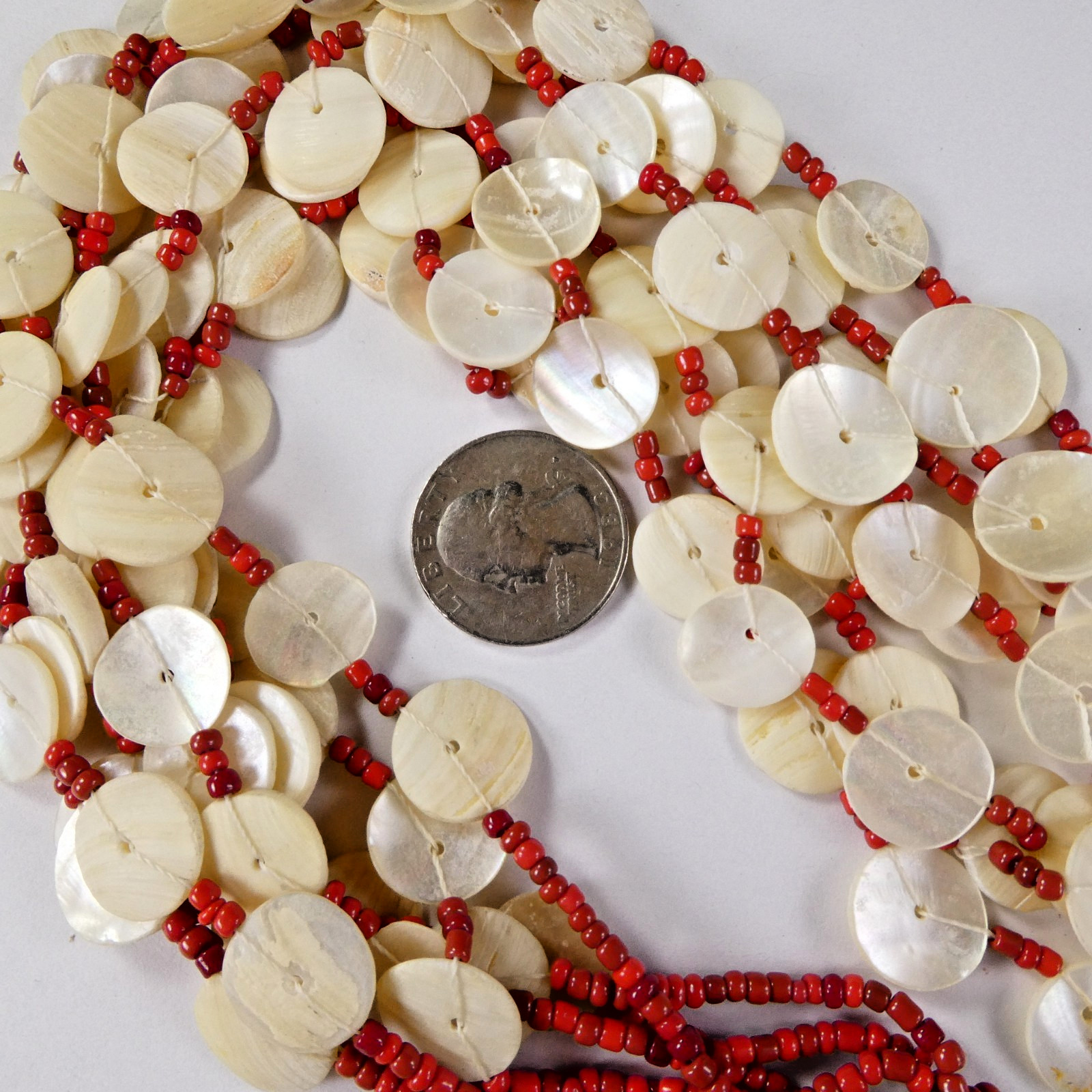 Vintage MOP Shell Disc Button Necklace Multi Strand w/ Coral Seed Beads LOVELY!