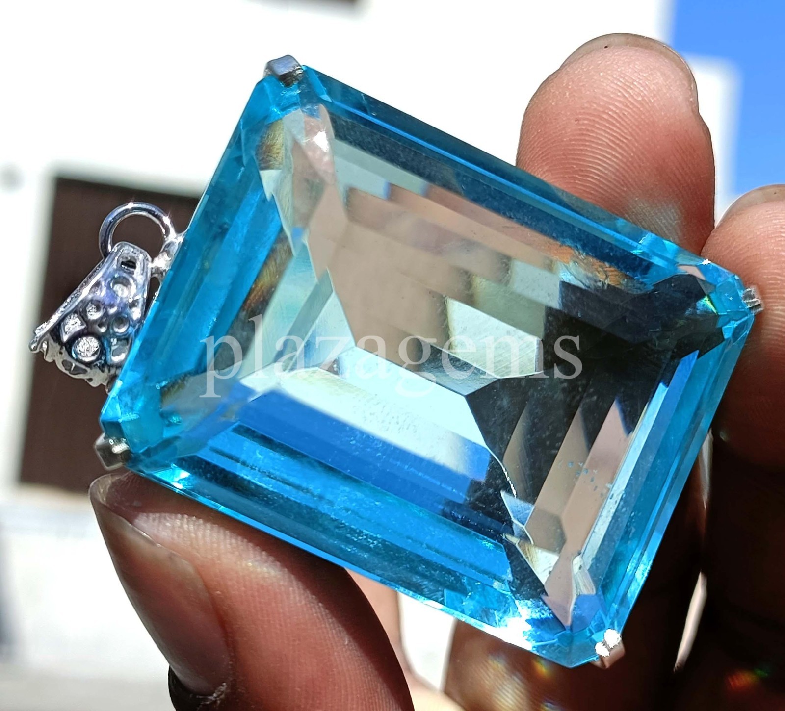 240 Ct Natural Sky-Blue Aquamarine Emerald Cut EGL Pendant 925 Silver Chain 6MGU