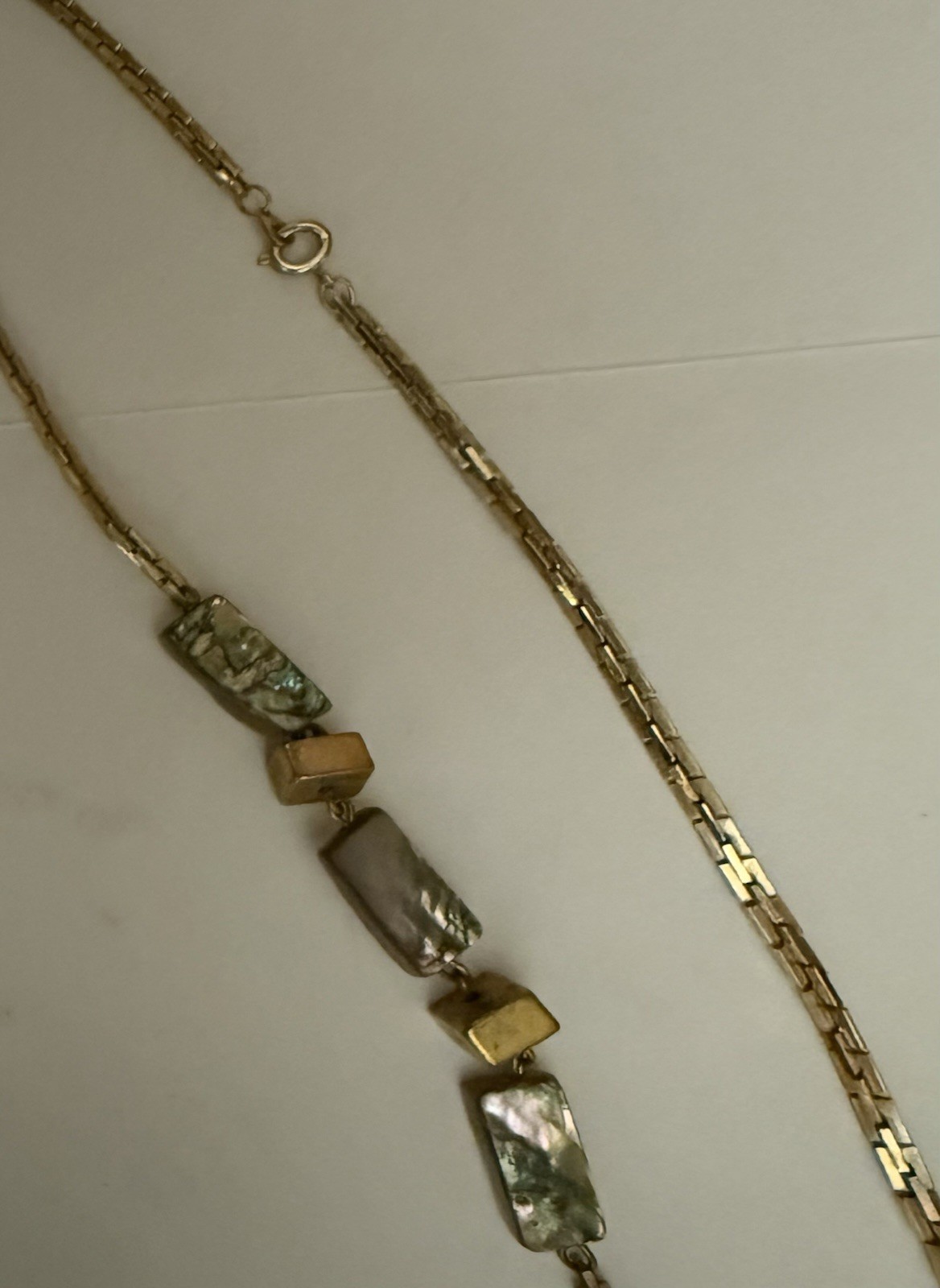 Vintage Gold Tone Box Chain Necklace Abalone Shell Square Charms by Les Bernard