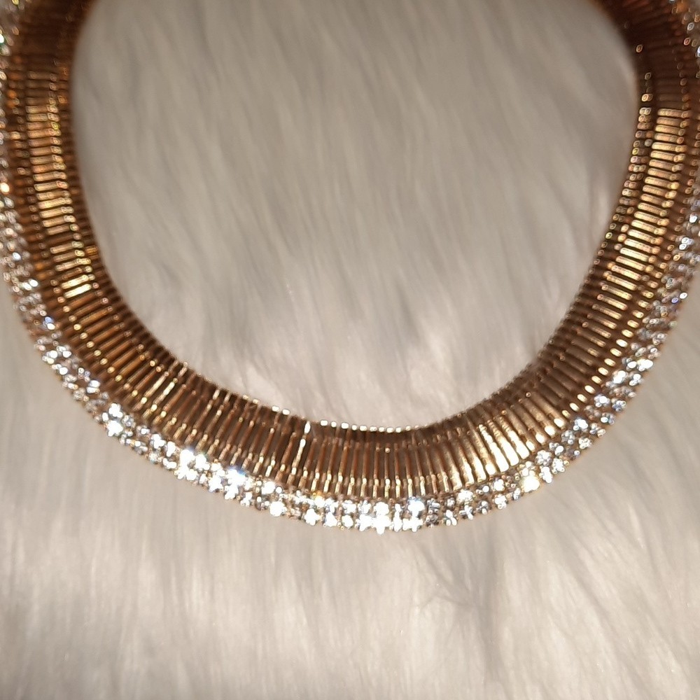 Cz goldtone accordian style choker collar bib necklace adjustable length