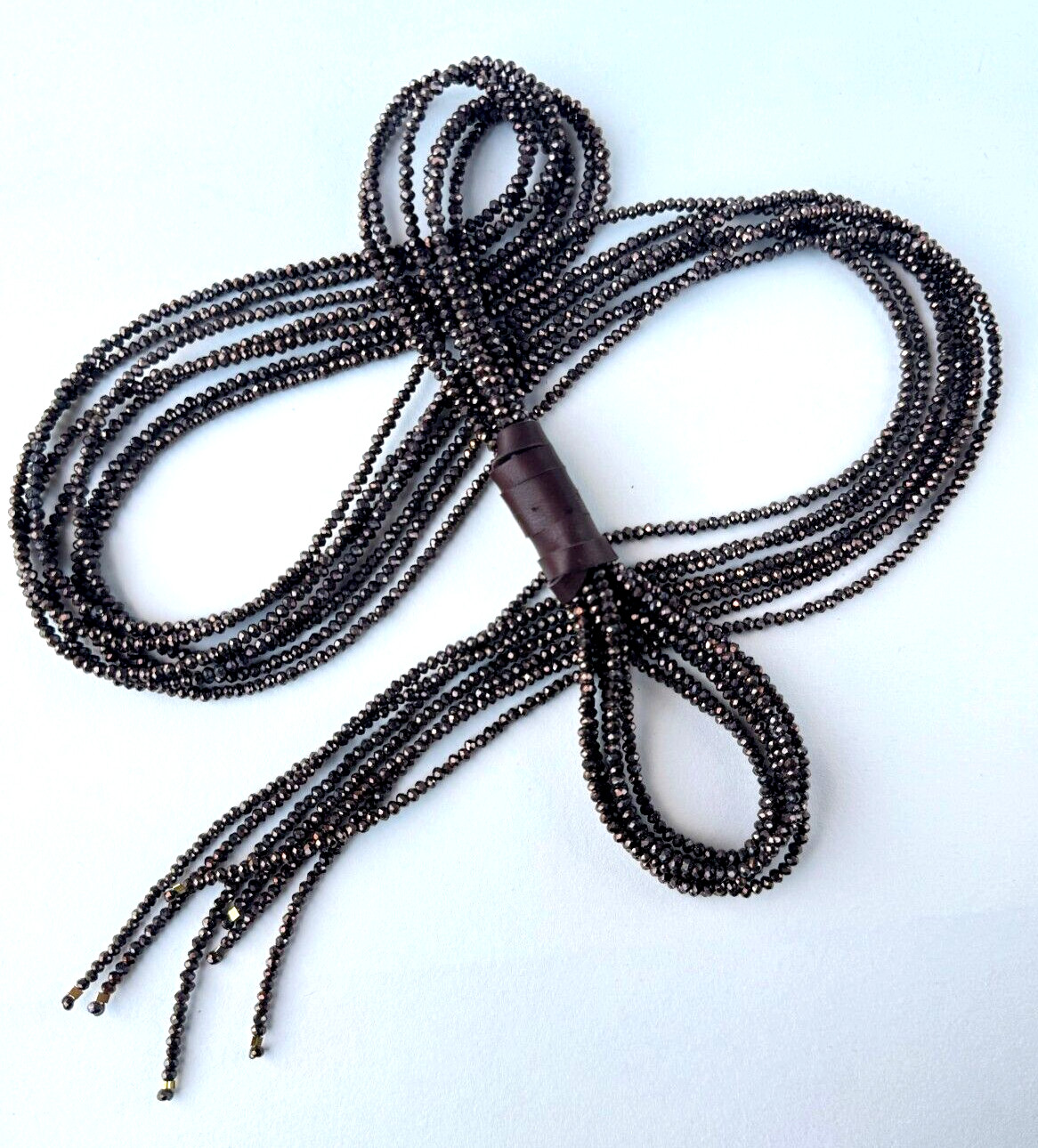 Brown Crystal Lariat Necklace: Tie Necklace, Genuine Leather, Handmade