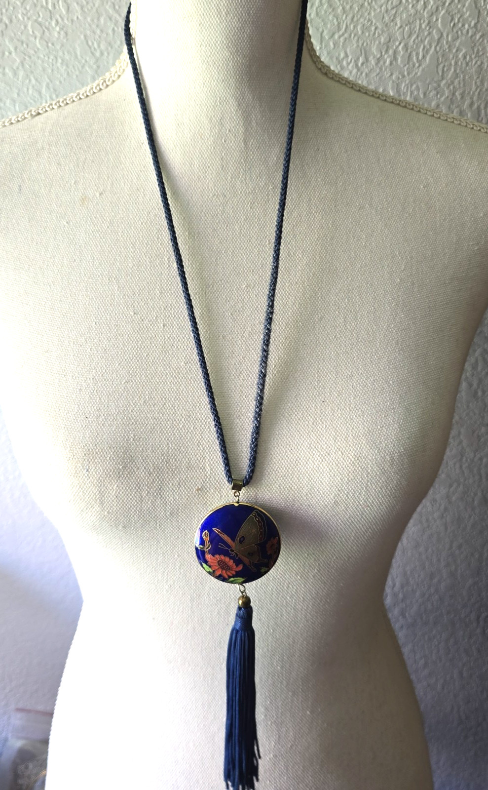 Vintage Asian Cloisonne Butterfly Tassel Pendant Blue Cord Necklace 28″L