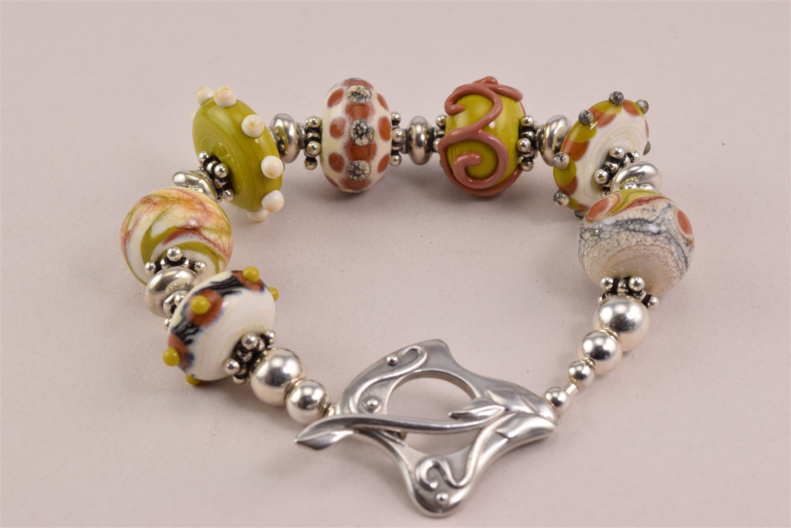 Chunky Sterling Silver Ornate Ceramic Bead Statement 925 Toggle Bracelet 50g 8″