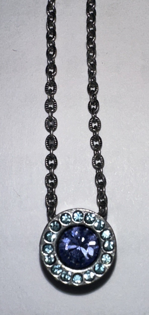 Patricia Locke Signed Silvertone Purple and Blue Crystals Pendant Chain Necklace