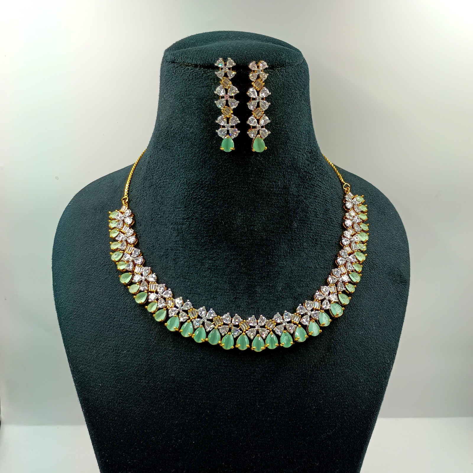 Designer Chalcedony CZ Diamond Gold Plated Necklace Set Bridal Jewelry For Women