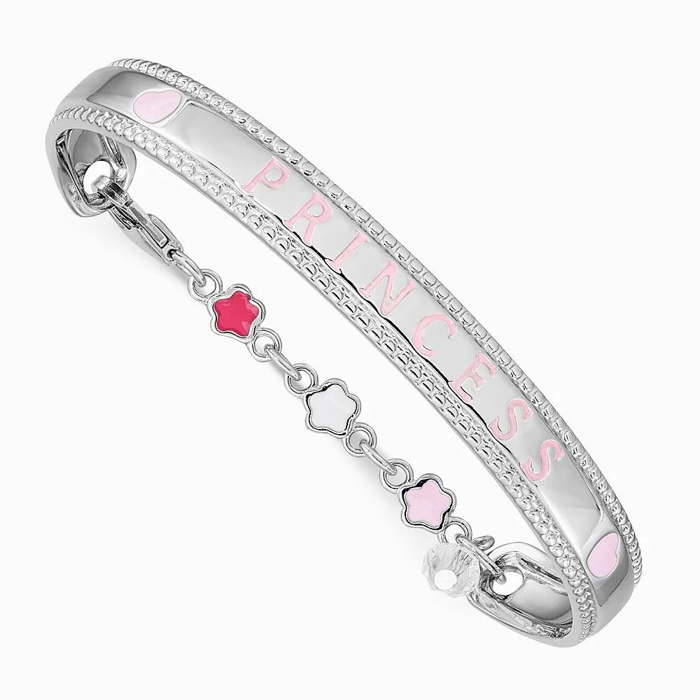 Sterling Silver RH-Plated Enamel & Crystal PRINCESS With Chain Baby Bangle